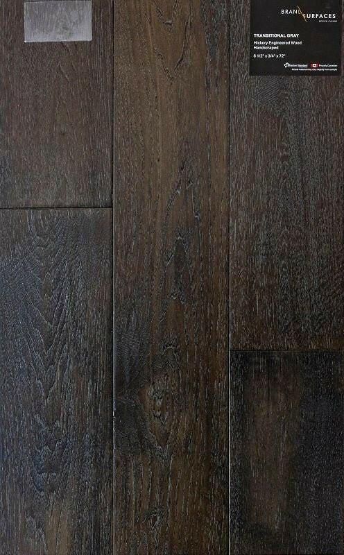 A close up of Transitional Grey BRAND SURFACES premium 6-½” engineered hardwood flooring from Canadian Standard.