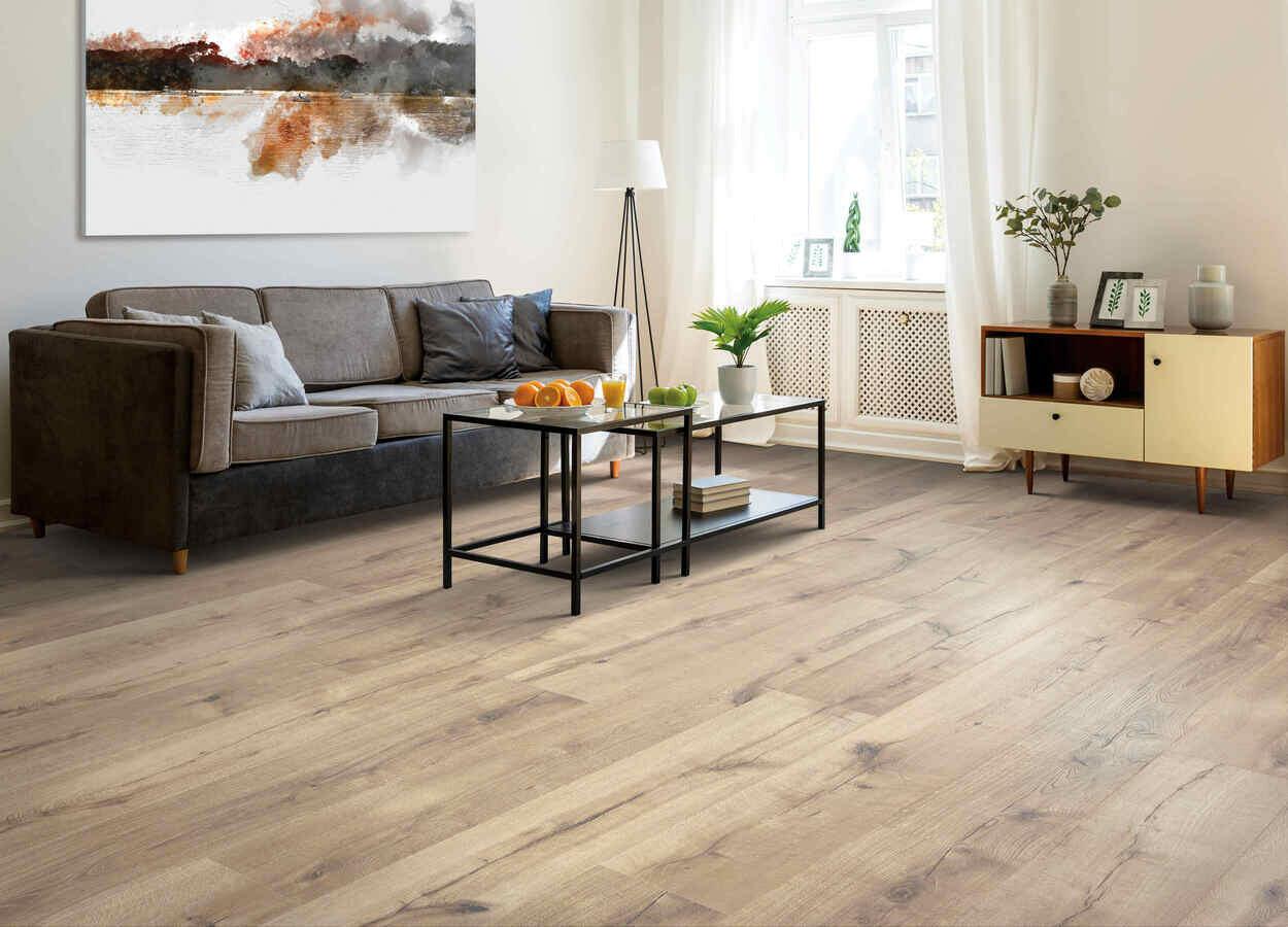 modern living room with Trinket Oak Mohawk RevWood Plus Castlebriar waterproof laminate flooring installed