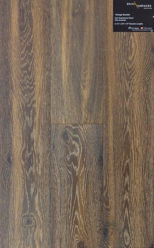 A close up of Vintage Boulder BRAND SURFACES premium 6-½” engineered hardwood flooring from Canadian Standard.
