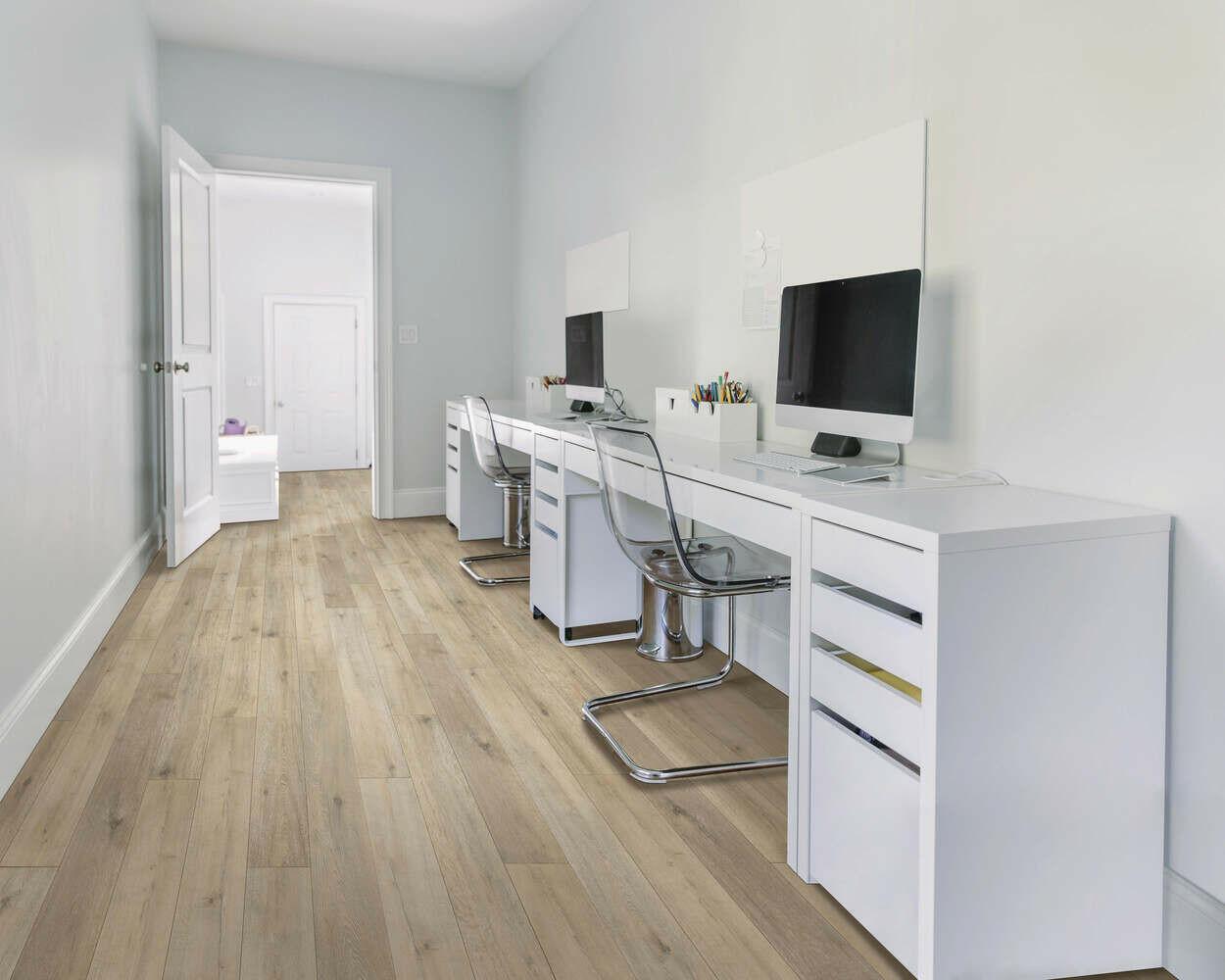 modern office room with Vintage Villa Oak Mohawk RevWood Plus Bellente waterproof laminate flooring installed