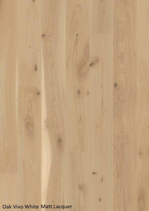 A close up of Vivo White BOEN premium engineered hardwood flooring from Canadian Standard.