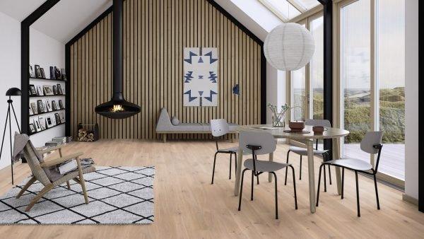 A modern room which displays the beautiful look of Vivo White BOEN premium engineered hardwood flooring from Canadian Standard.