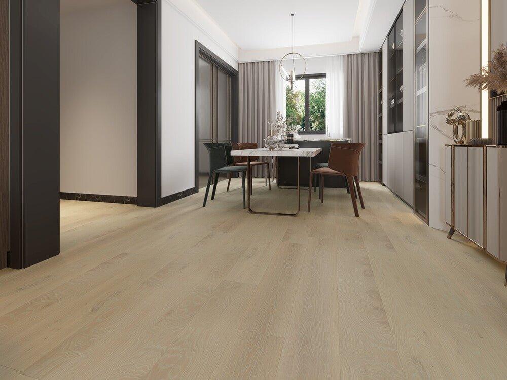 A modern kitchen which displays the beautiful look of Wheat Berry premium engineered hardwood flooring from Vidar.